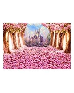 Laeacco Pink Flowers Castle Backdrop 7x5ft Spring Dreamy Cherry Blossoms Photography Background Fantasy Wonderland Sweet Girls Princess Baby Shower Birthday Party Decor Wedding Photo Studio Prop