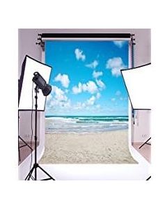 Laeacco Sea and Beach 5x7ft Vinyl Photography Backdrop Seaside Scenic Blue Sky White Clouds Ocean Sand Beach Photo Background Holiday Wedding Photo Shooting Studio Props