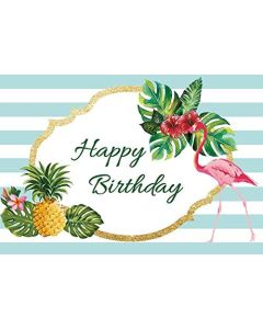 Laeacco 5x3ft Summer Flamingo Happy Birthday Backdrop Tropical Hawaiian Beach Luau Banner Blue and White Striped Pineapple Flowers Palm Leaves Glitter Baby Kids Birthday Party Decor Photo Booth Props