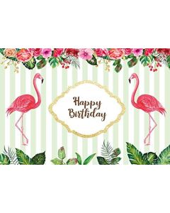 Laeacco Happy Birthday Photography Background 5x3ft Two Pink Flamingos with Flowers Wreath Card White and Blurred Blue Stripes Background with Flowers Edge Pattern Watercolor