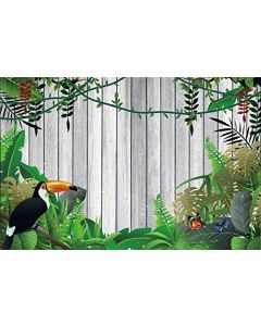 Laeacco Summer Tropical Leaves Toucan Backdrop 5x3ft Wooden Photography Background Vintage Wood Board Plank with Jungle Leaves Happy Birthday Decoration Wallpaper Children Party Banner Photo Booth
