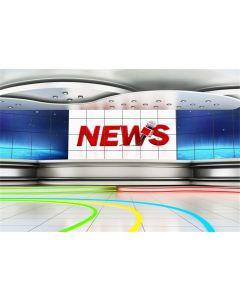 Laeacco News Room Interior Backdrop Vinyl 7x5ft Microphone Colorful Stripes Broadcasting Room Stage Television Compere Photography Background TV Station Programing Live Video Banner Background Wall