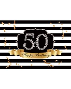 Laeacco 10x8ft Happy 50th Birthday Vinyl Photography Background Fabulous Diamond Number 50 Golden Confetti Black and White Striped Backdrop Old People Birthday Party Banner Wallpaper Studio Props