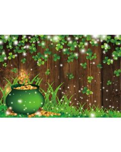 Laeacco 10x6.5FT St. Patrick's Day Backdrop Green Clover Lucky Shamrock Pot of Gold Coin Glitter Brown Wooden Board Photography Background Irish Festival Party Decor Kid Adult Portrait Photo Prop