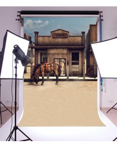 5X7FT Laeacco Vinyl Thin Backdrop Photography Background Retro West Ancient Banic Old Wood Stable with Brown Horse Theme Scene,1.5x2.2m Photo Studio Props