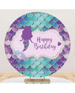 Laeacco Mermaid Birthday Round Backdrop 6.5x6.5ft Polyester Gradient Green Purple Scales Photography Background Sweet Girls Mermaid Theme Birthday Party Decor Banner Girls Photo Studio Shoot Props