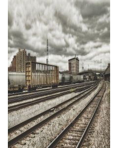 Laeacco 3x5FT Vintage Railway Theme Backdrop Aged Train Track Background Railroad Industrial City under Dark Cloud Photo Backdrop Train Bridge Building Scenery Children Adult Man Boy Artistic Portrait